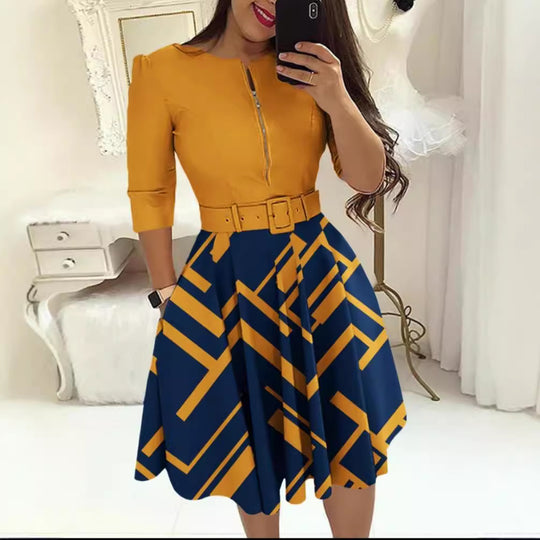 Damen Midikleid mit geometrischem Schnitt und tailliertem Gürtel R&B