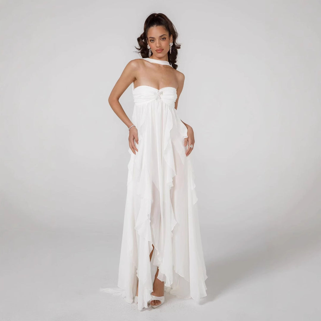 Damen Elegantes Maxi-Kleid mit asymmetrischem Saum und zarten Rüschendetails R&B