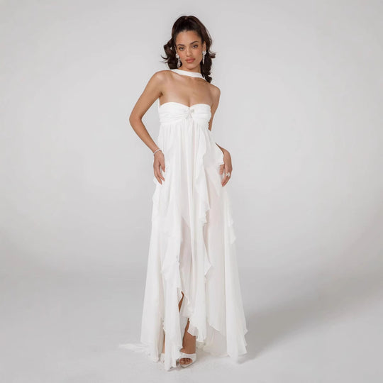 Damen Elegantes Maxi-Kleid mit asymmetrischem Saum und zarten Rüschendetails R&B