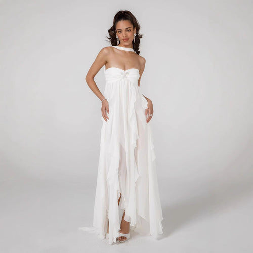 Damen Elegantes Maxi-Kleid mit asymmetrischem Saum und zarten Rüschendetails R&B