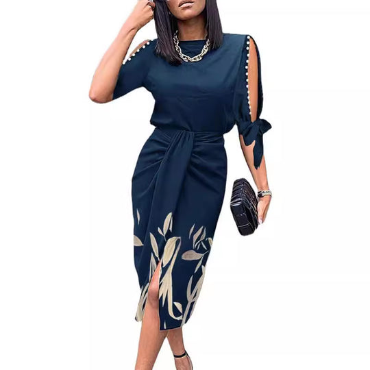 Damen Midikleid mit elegantem Bindegürtel und modischen Cut-Out-Ärmeln R&B