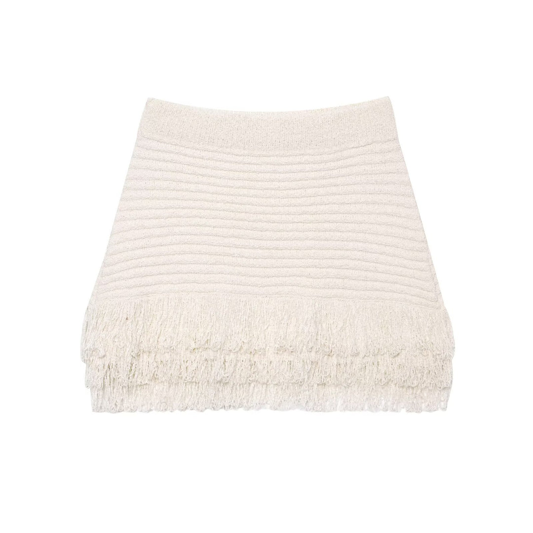 Damen Kurzarm-Strickjacke mit fransigem Saum und dekorativen Knöpfen R&B