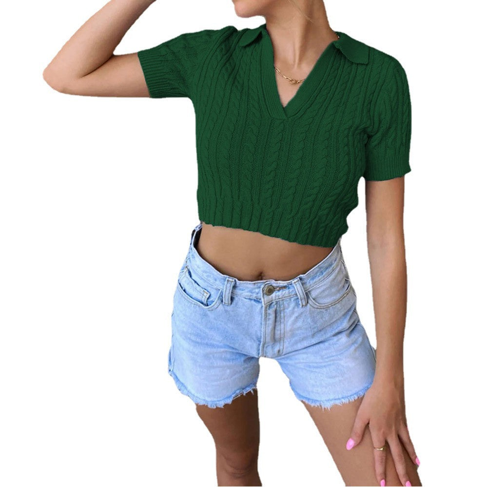 Damen Kurzarm-Pullover mit V-Ausschnitt und edler Kabelmusterstruktur R&B
