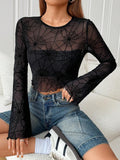 Damen nan transparentes Netztop mit samtigem Spinnennetzprint und bauchfreiem Schnitt R&B