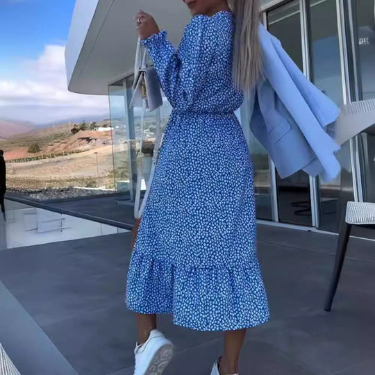 Damen nan Midikleid mit V-Ausschnitt geraffter Taillennaht langen Ärmeln Volant-Saum und seitlichem Beinschlitz R&B