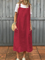 Damen lässiges Leinenkleid mit praktischen Taschen und verstellbaren Trägern R&B