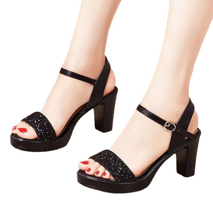 Damen nan Glitzer-Zehenschlaufen-Sandalette mit Plateaueffekt und stabilem Blockabsatz R&B