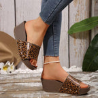 Damen modische Wedge-Pantoletten mit stilechtem Leopardenmuster und bequemer Sohle R&B