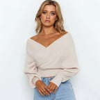 Damen nan gestrickter Off-Shoulder Cropped-Pullover mit Wickeloptik und Ballonärmeln R&B