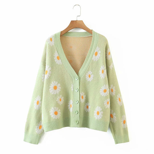 Damen Strickjacke mit Blumenmuster und V-Ausschnitt R&B