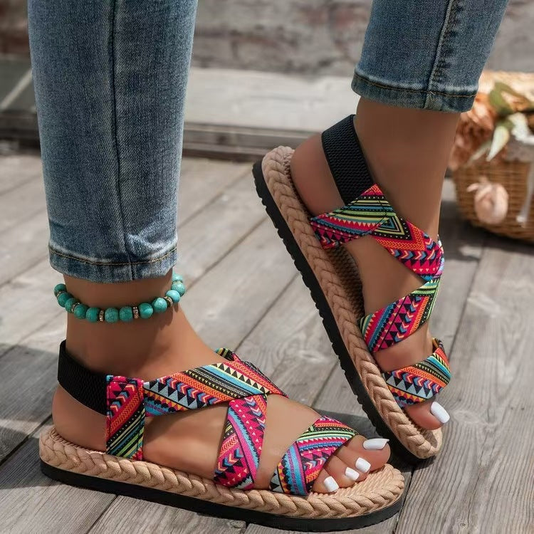 Damen nan flache Espadrille-Riemchensandalen mit geflochtenem Bastrand, elastischem Fersenband und gekreuzten Ethno-Riemen R&B