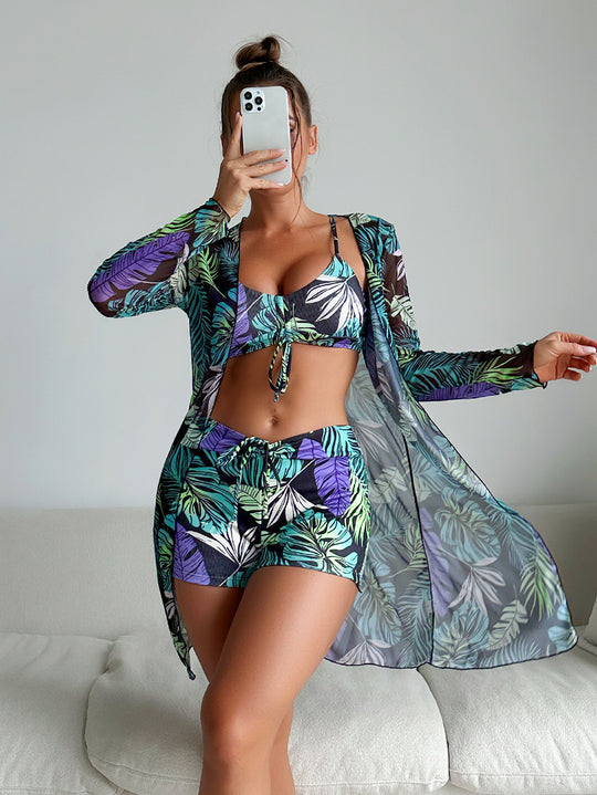 Damen Bikiniset mit luftiger Wickeljacke und floralem Muster R&B