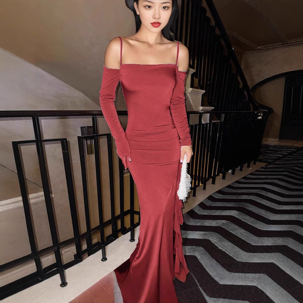 Damen Elegantes langärmliges Maxikleid mit asymmetrischem Saum und Rüschendetails R&B