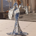 Damen Glamouröses Pailletten Abendkleid mit tiefem V-Ausschnitt und langen Ärmeln R&B