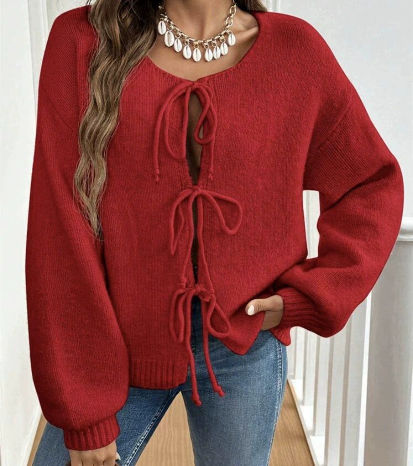 Damen gemütlicher Strickpullover mit dekorativem Schnür-Detail und weit geschnittenen Ärmeln R&B