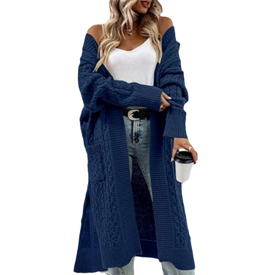 Damen Strickmantel mit modischen Zopfmuster und tiefen Taschen R&B