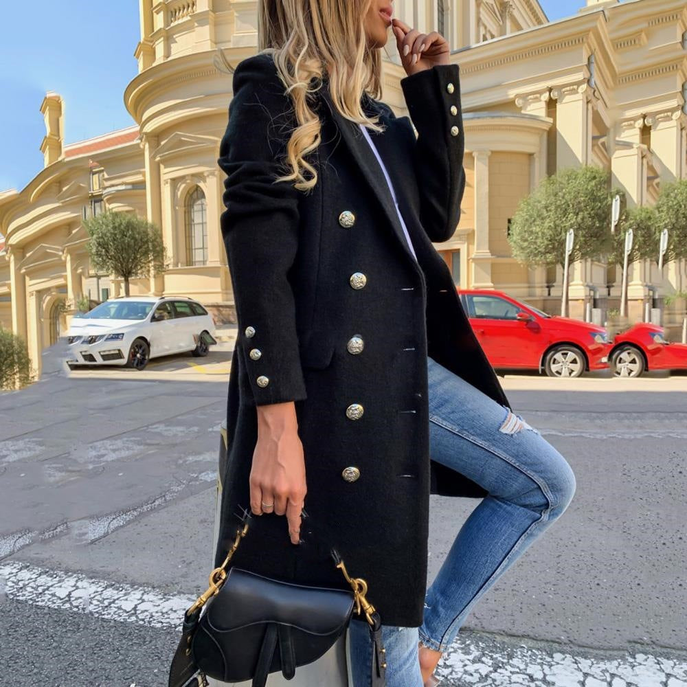 Damen modischer Oversized-Mantel mit doppelter Knopfreihe und seitlichen Eingrifftaschen R&B
