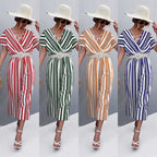Damen eleganter Jumpsuit mit V-Ausschnitt, breiten Ärmeln und anisstreifendem Design R&B