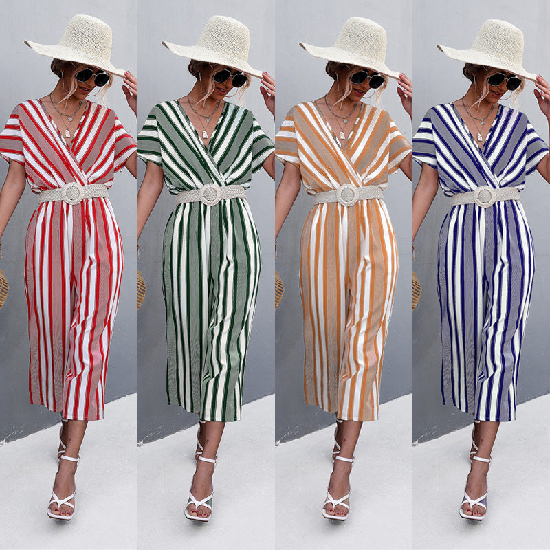 Damen eleganter Jumpsuit mit V-Ausschnitt, breiten Ärmeln und anisstreifendem Design R&B