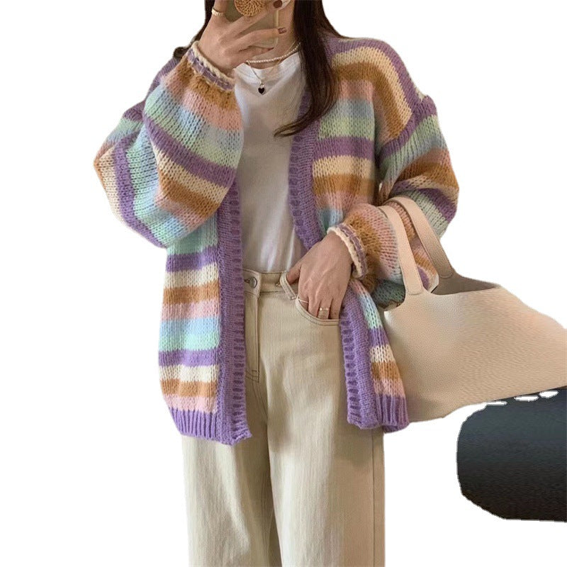 Damen Gemütlicher Strickcardigan mit buntem Streifenmuster und weitem Schnitt R&B
