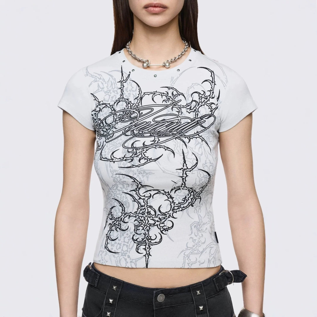 Damen Figurbetontes Kurzarm-T-Shirt mit Grafischem Design R&B