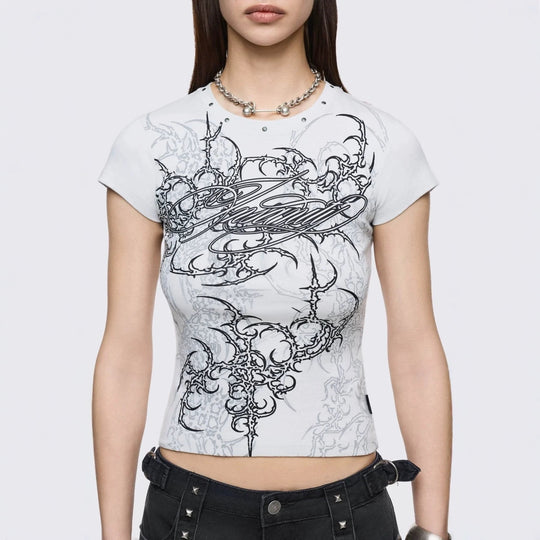 Damen Figurbetontes Kurzarm-T-Shirt mit Grafischem Design R&B