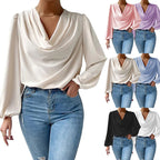 Damen elegante Bluse mit asymmetrischem Halsansatz und langen Ärmeln R&B