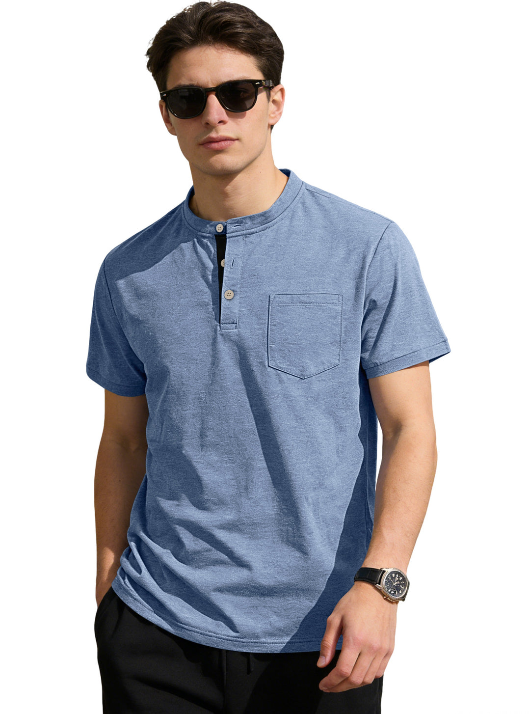 Herren nan strukturiertes Baumwoll-Henleyshirt mit kurzem Stehkragen Knopfleiste und Brusttasche R&B