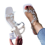 Damen Sandalen mit funkelnden Blumenapplikationen und klarem Blockabsatz R&B