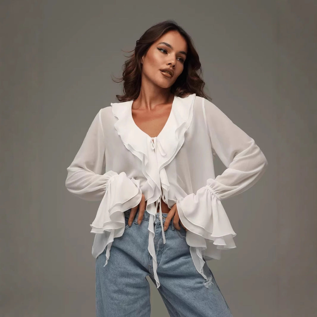 Damen leichtes Chiffon-Blusenshirt mit Rüschen und Kordelzug R&B