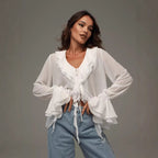 Damen leichtes Chiffon-Blusenshirt mit Rüschen und Kordelzug