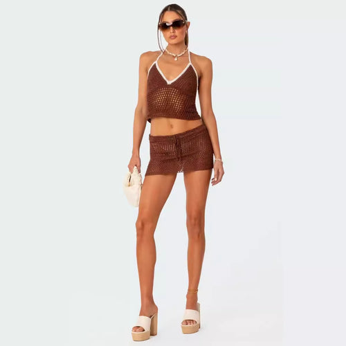 Damen gehäkeltes Strand-Outfit mit verstellbarem Oberteil und Shorts R&B