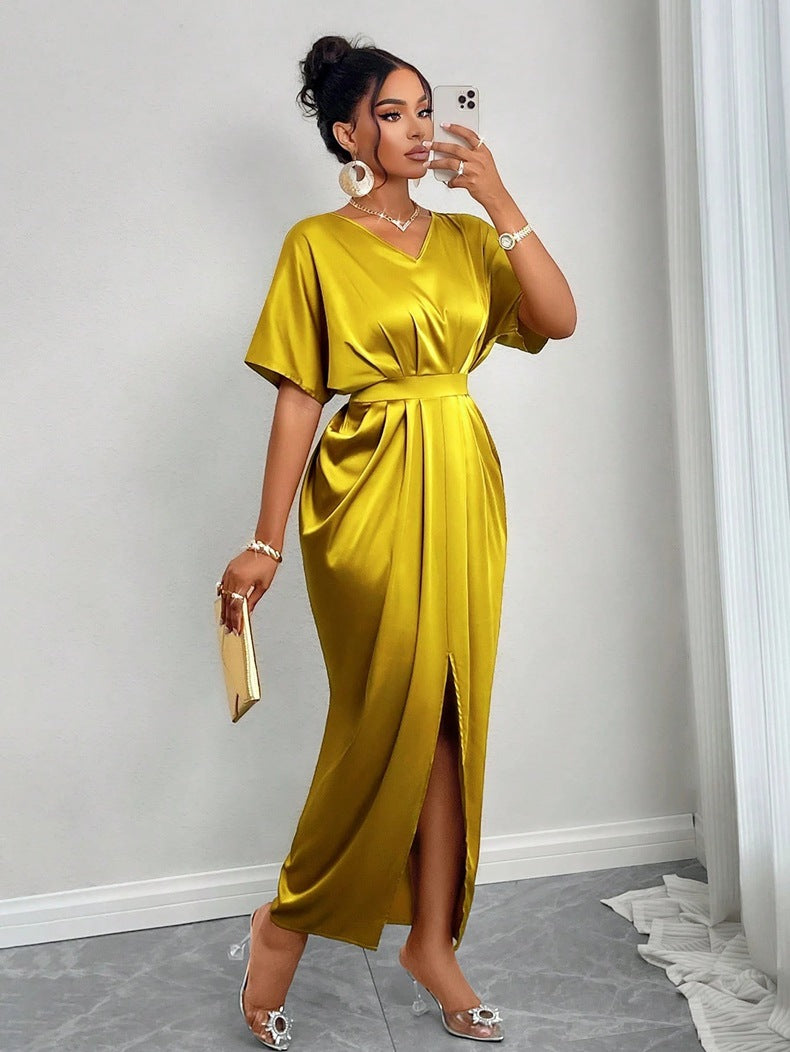 Damen Midikleid mit elegantem V-Ausschnitt und seitlichem Schlitz R&B