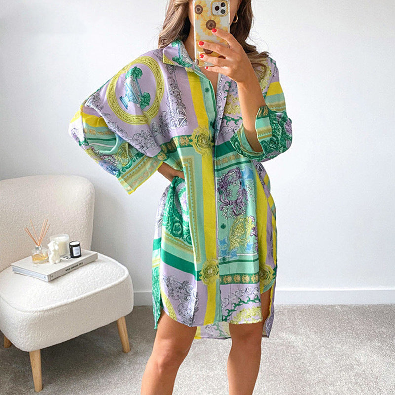 Damen stylisches Oversized-Hemdkleid mit buntem Muster und weit geschnittenen Ärmeln R&B