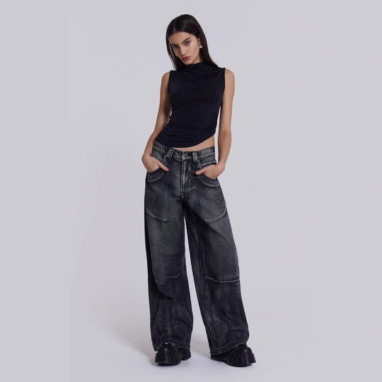 Damen weite Jeans mit kunstvollem Flügel-Design und einzigartigen Details R&B