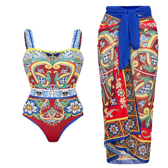 Damen Badeanzug-Set mit floralem Muster und elegantem Wickelrock R&B