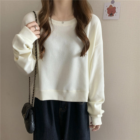 Damen lässiger cropped Pullover aus weichem Baumwollmix mit modischem Rundhalsausschnitt R&B