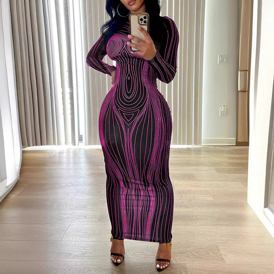Damen Langarm Maxikleid mit grafischem Linienmuster und figurbetonendem Schnitt R&B