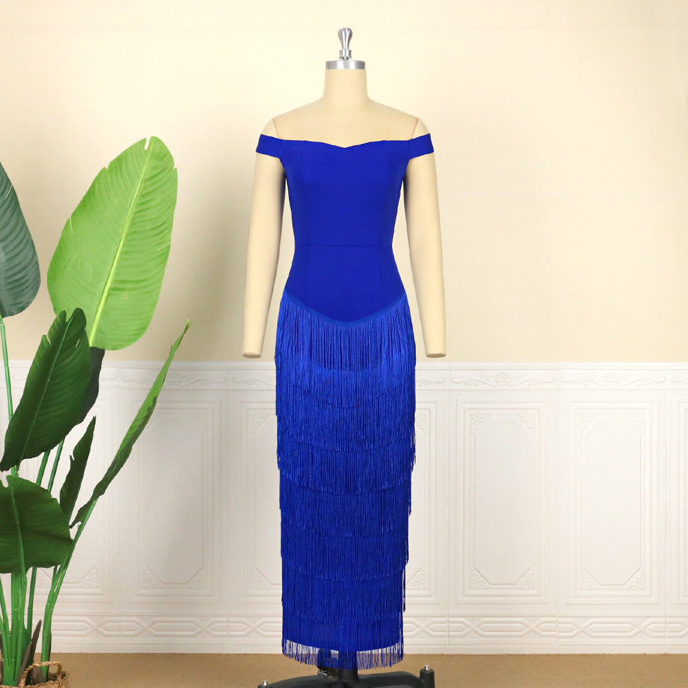 Damen glamouröses Abendkleid mit schulterfreien Rüschen und Fransen R&B