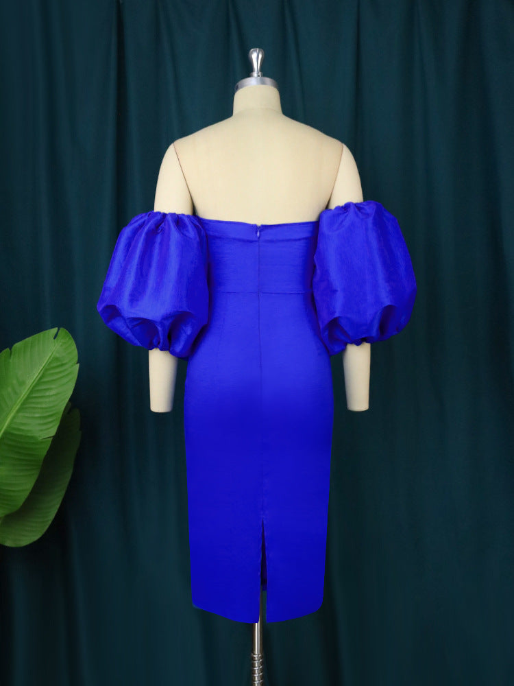 Damen figurbetontes Kleid mit schulterfreiem Design und voluminösen Puffärmeln R&B