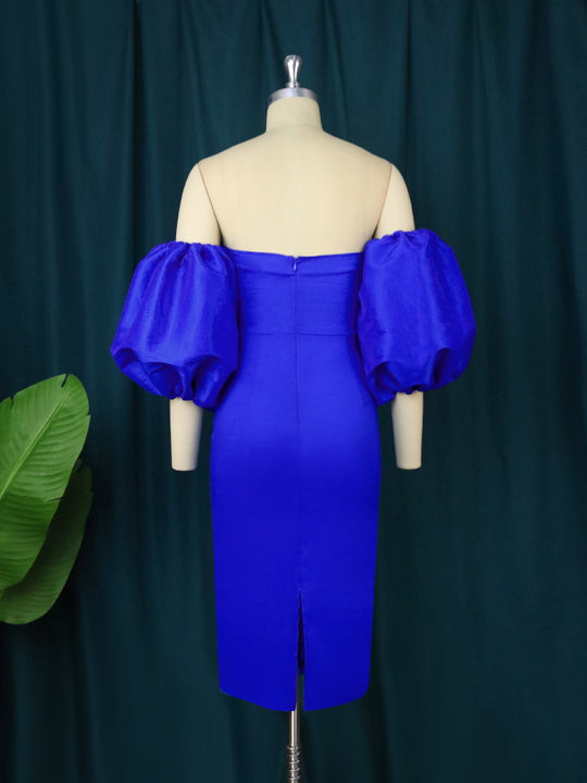 Damen figurbetontes Kleid mit schulterfreiem Design und voluminösen Puffärmeln R&B