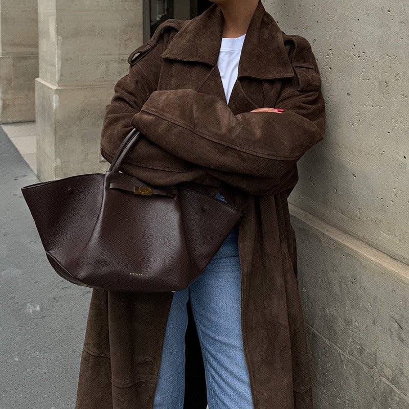 Damen Eleganter Wildleder Trenchcoat mit praktischen Taschen und modernem Schnitt R&B