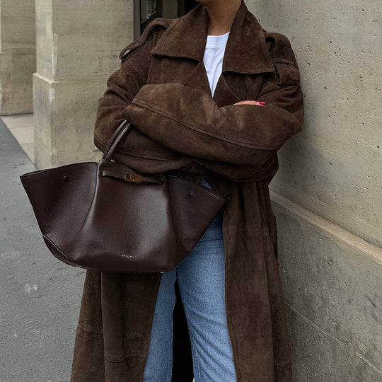 Damen Eleganter Wildleder Trenchcoat mit praktischen Taschen und modernem Schnitt R&B