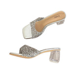 Damen Glamouröse Mules mit funkelnden Strassdetails und transparentem Blockabsatz R&B