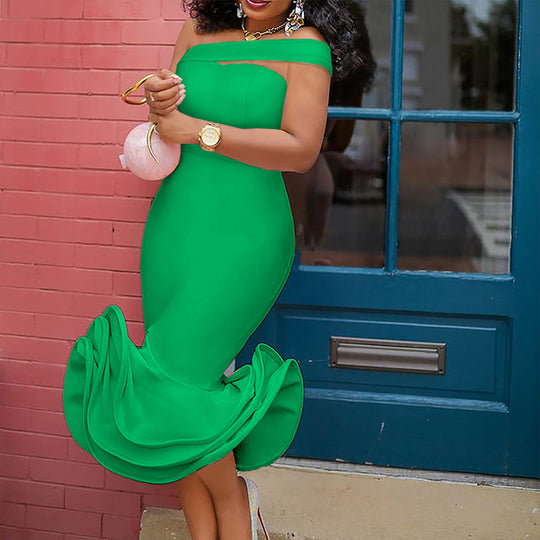 Damen figurbetontes Mermaid-Kleid mit schulterfreiem Design und wogendem Saum R&B