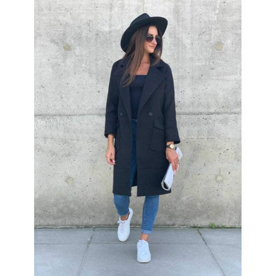 Damen Modischer Longblazer mit tiefem Revers und praktischen Taschen R&B