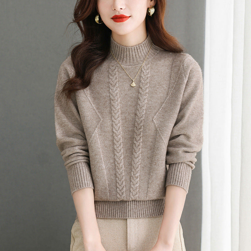 Damen Grobstrickpullover mit elegantem Zopfmuster und hohem Kragen R&B