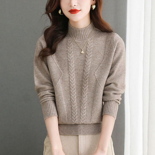 Damen Grobstrickpullover mit elegantem Zopfmuster und hohem Kragen R&B