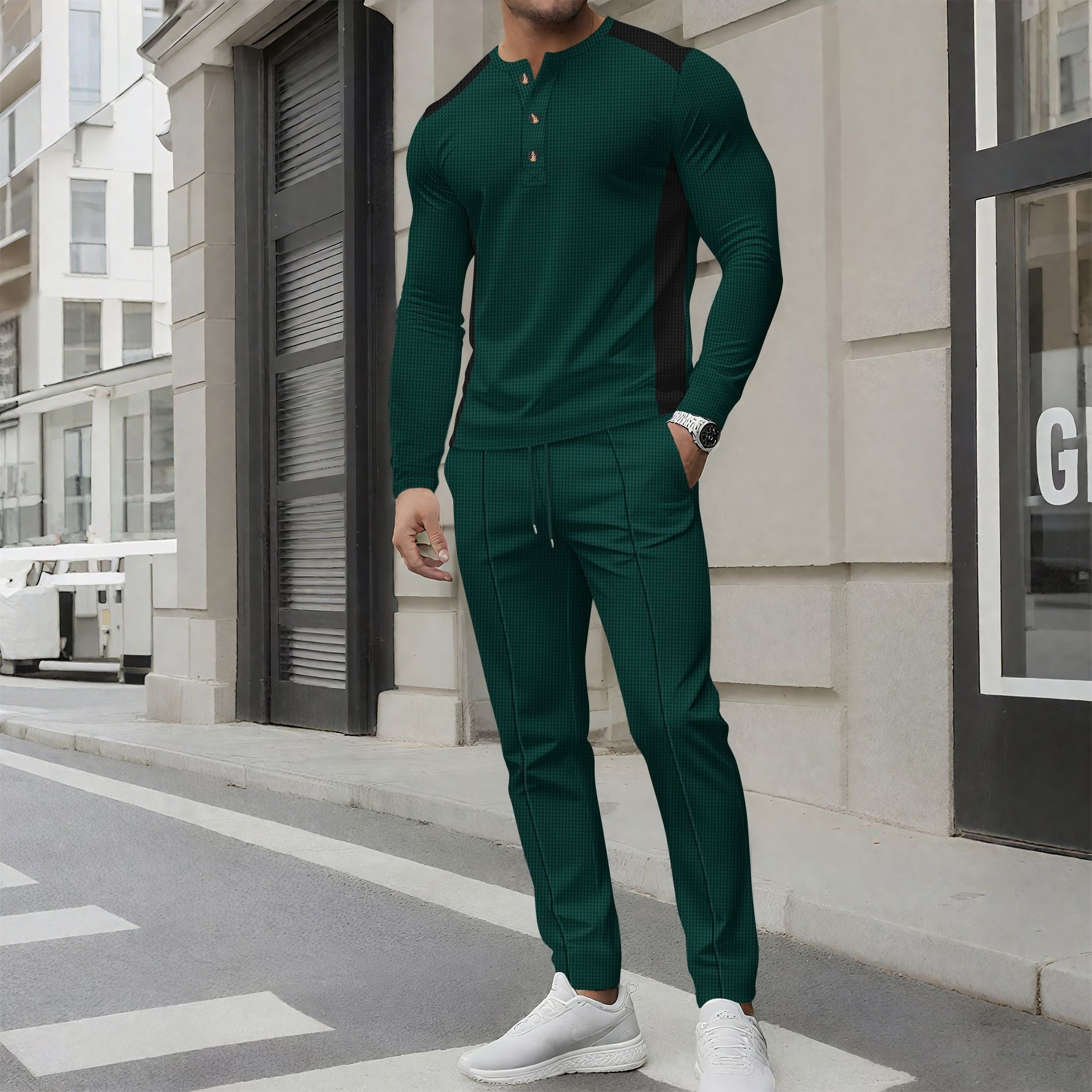 Herren modisches Freizeit-Set mit strukturiertem Langarmshirt und passenden Jogginghosen R&B