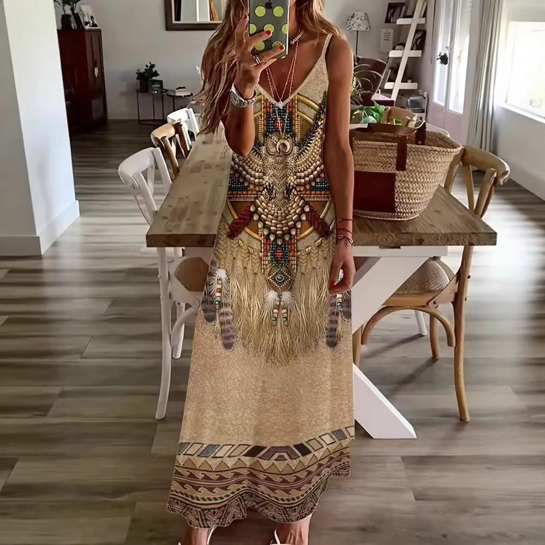 Damen Maxikleid mit künstlerischem tribal Design und fließendem Schnitt R&B